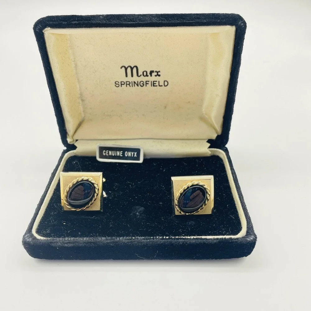 MARX SPRINGFIELD Cufflinks Gold Tone Genuine Onyx Original Box Vintage Set